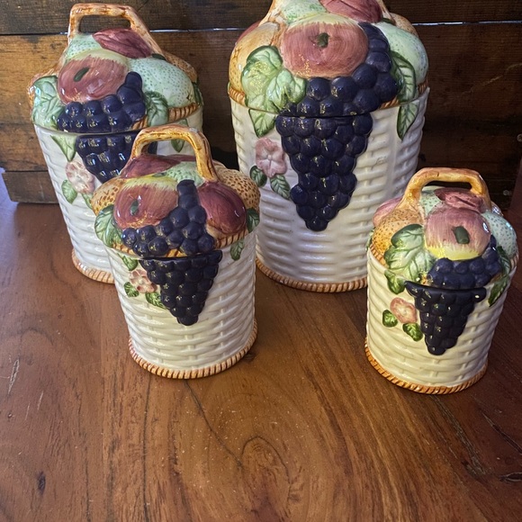 Vintage Ceramic Canister Set of 4 with apples grapes and pears